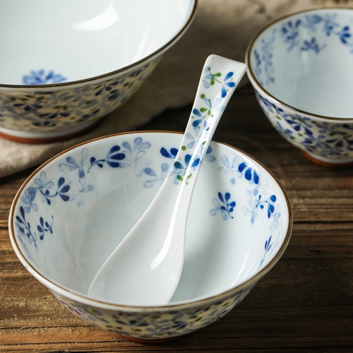 Small blue bud tableware imported from Japan household ceramic soup bowl dish noodle bowl Japanese style kawafeng high foot bowl small bowl individual