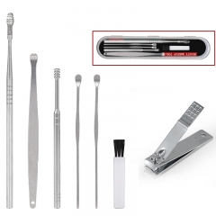 Silver ear spoon plain 6-Piece Set + nail clippers