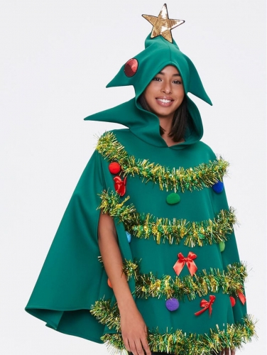 New Lady Christmas tree dress hooded cape 3D performance costume