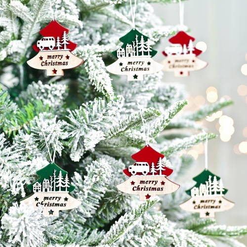 New wooden Christmas tree small pendant flocking Christmas tree modeling hanging decorations shopping mall Christmas decorations