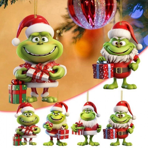 Grinch Christmas Decorations New Christmas Tree Acrylic Flat Green Hair Pendant Hanging Decoration