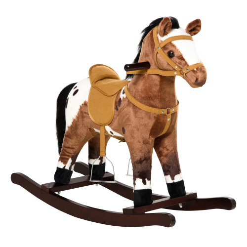 Qaba Kids Metal Plush Ride-On Rocking Horse Chair Toy With Realistic Sounds - Dark Brown/White