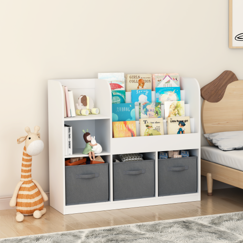 Kids Bookcase and Bookshelf, Multifunctional Bookcase with 3 Collapsible Fabric Drawers, Bookcase Display Stand, Toy Storage Organizer for Bedroom, Pl