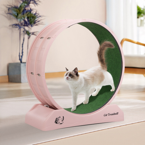 Cat Running Wheel, Small Animal Exercise Treadmill w/ Locking Mechanism, Carpet Runway, Cat Teaser Toy, Indoo,Pink