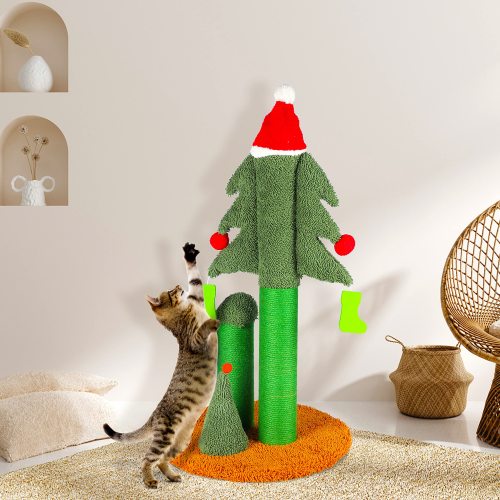 32'' Cat Scratching Post, Tall Christmas Tree Cat Scratcher with 3 Posts and Cute Dangling Teaser Balls, Natural Sisal Rope Cat Toys for Kitty and Adu