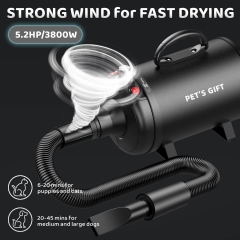 PET'S GIFT Dog-Hair-Dryer, 5.2HP/ 3800W High Velocity Pet Blow Dryer with Heater for Grooming, Speed Temperature Adjustable Dog Blower Grooming Dryer with 4 Nozzles