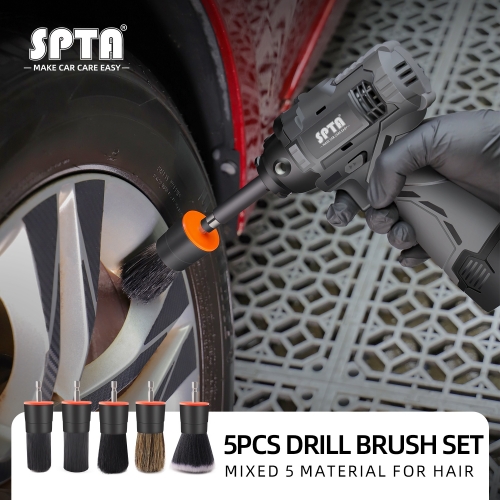 SPTA 5pcs Car Detailing Brush Boar Hair Detailing Brush Head For Drill