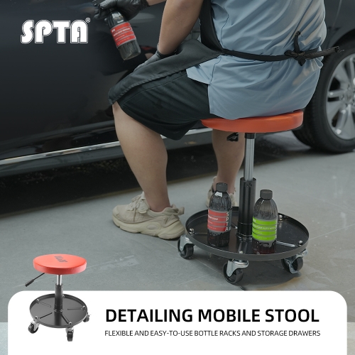 SPTA Detailing Mobile Stool,Pro Rolling Stool, Car Detailing Stool Chair, Stool with Wheels, Garage Organizer, Adjustable Height