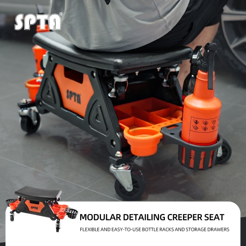 SPTA Modular Detailing Creeper Seat, Mobile Rolling Utility Creeper Seat for Mechanics & Detailers With Storage Trays for Tools