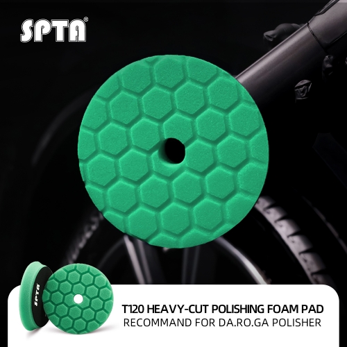 SPTA 3"/5"/6" T120 Green Heavy Cut Foam Polishing Pad For DA/RO/GA Car Buffer Polisher Hex-Logic PadsTo Remove 1200/1500# Sanding Disc Marks ,Deep Scratches,Overspray, Orange Pee & Heavy Oxidation