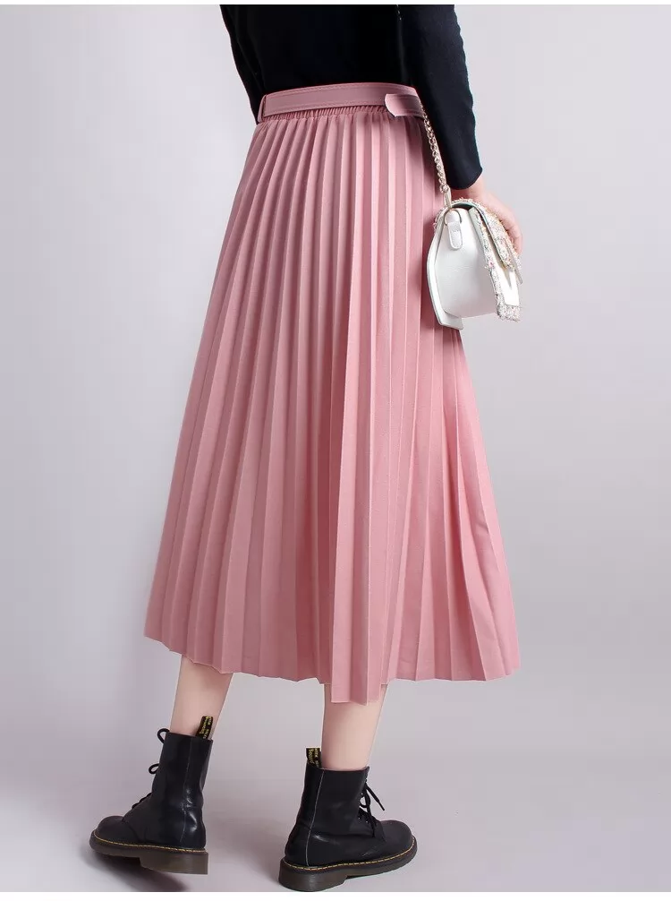Chic Summer Women Elegant Pleated Skirt Belt Elastic High Waisted Chiffon Mid Skirt