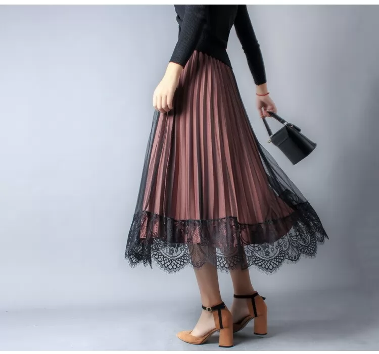 Autumn Summer Laced Patchwork Trendy Women Skirts All-match Tulle Midi Skirts