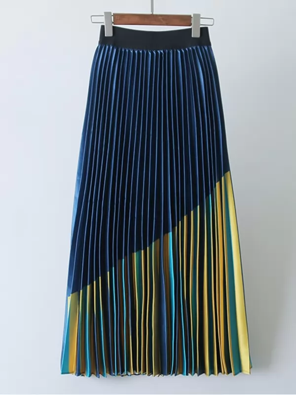 S-2XL Summer Contrast Color Maxi Pleated Skirt Striped Skirts S-2XL