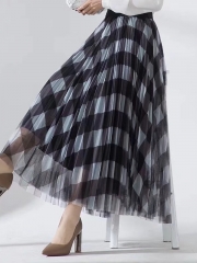Spring Summer Korean Style Checked Printed Tulle Skirt High Waisted Maxi Skirt