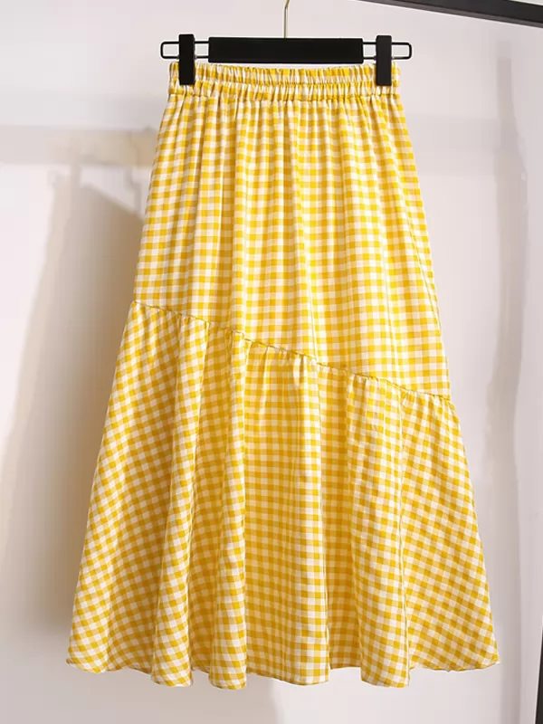 Summer Retro Pathwork Plaid Printed A Line Skirt with Pocket Mid-length Elastic Waisted Skirts