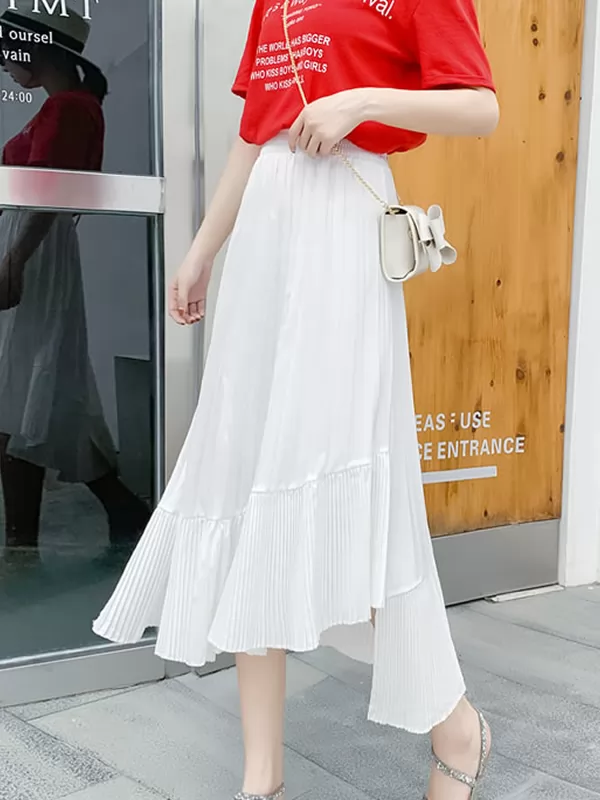 Summer Women's Solid Pathwork Asymmetrical Pleated Skirt
