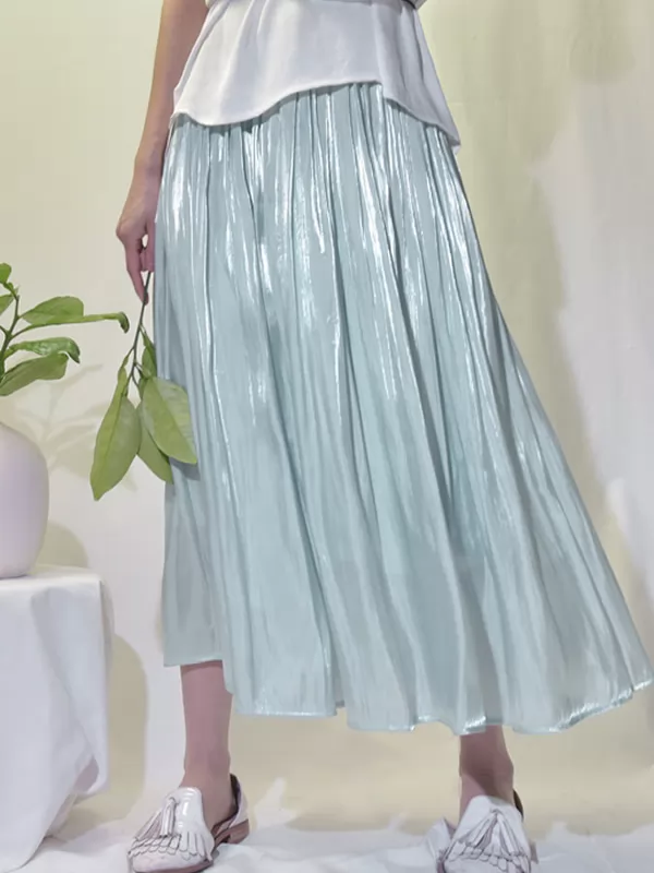 New Women Rulex Pleated Skirt Elastic Waisted Smooth Maxi Skirts