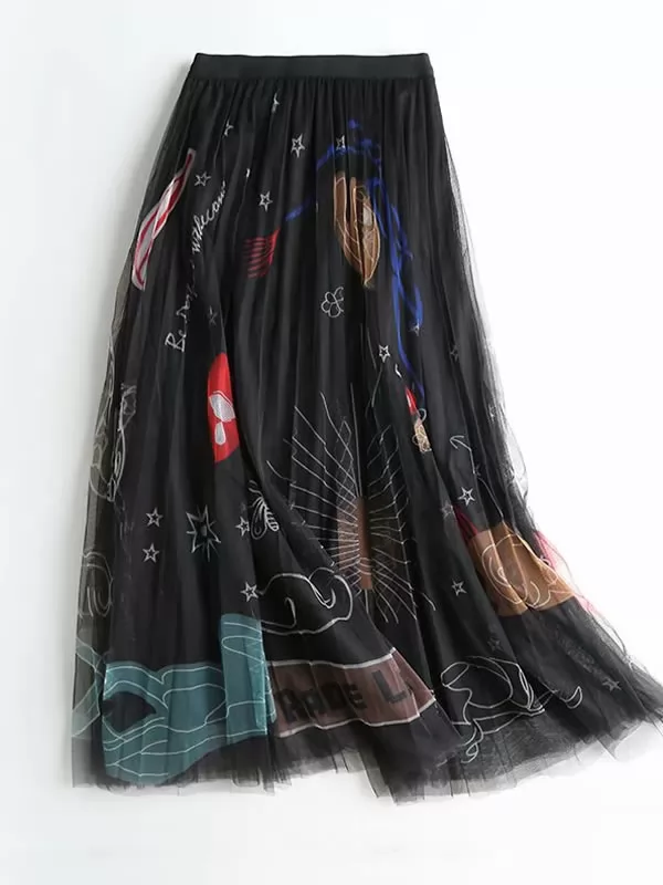 Fairy Floral Printed A-line Mesh Skirt Thin Mid-Length Sweet Gauze Skirt