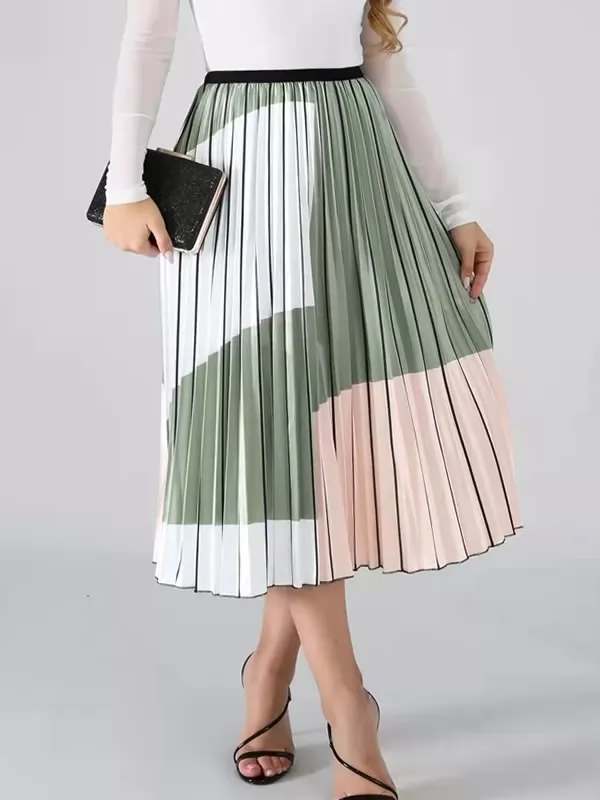 Summer Contrast Color Pleated Skirt A-line Fashion Maxi Skirts