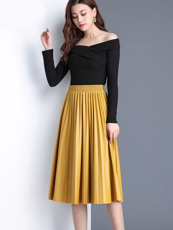 High Waisted PU Leather Pleated Skirt Women Autumn Elegant Skirts