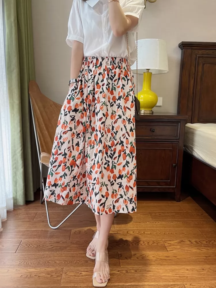 Autumn Summer Women Floral Printed High Waisted  A Line Skirts Elegant Midi Skirt QT1741