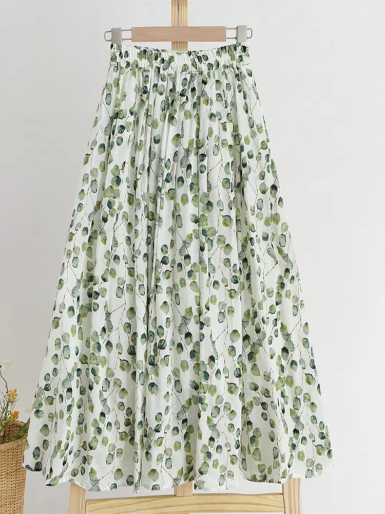 Summer Women Floral Printed Casual Green Midi Skirts