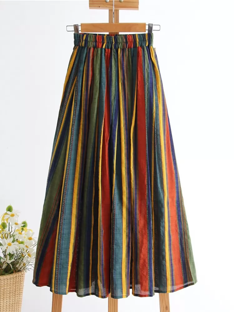 Summer Women Striped Printed Midi Flare Skirts