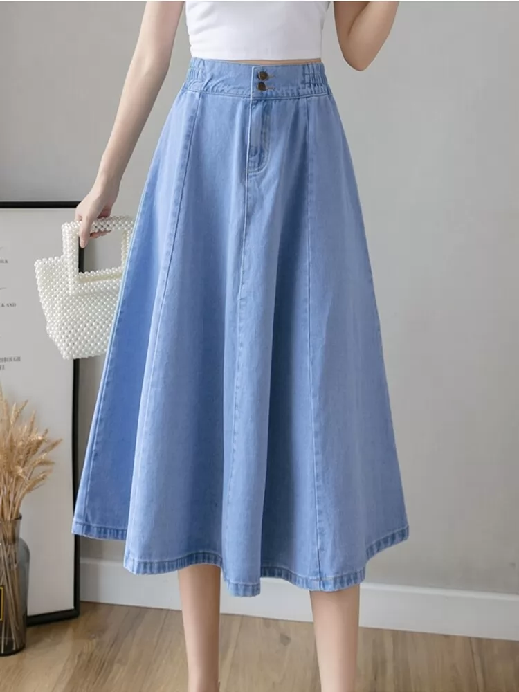Spring Summer Elastic Waisted Midi Denim Flare Skirts