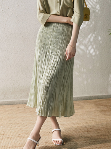 2022 Spring Summer Green Pleated Skirts Mid-length Elegant Office Lady Skirt QT1689