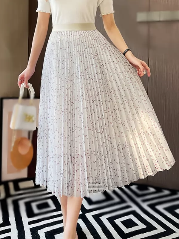 Summer Elegant Polka Dot Printed Mid Length Skirts Chiffon Pleated Skirt QT1698