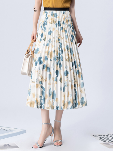 Autumn Summer Floral Printed Mid Length Elegant Pleated Skirts Elastic Waisted Fashion Women Skirt QT1751