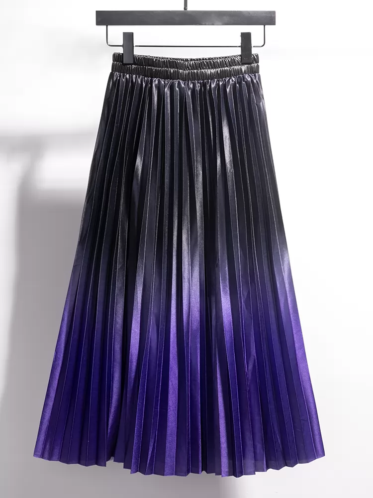 Summer Autumn Fashion Gradient Color Women's New Elastic Waist Pleated Skirt Mid-length QT1671