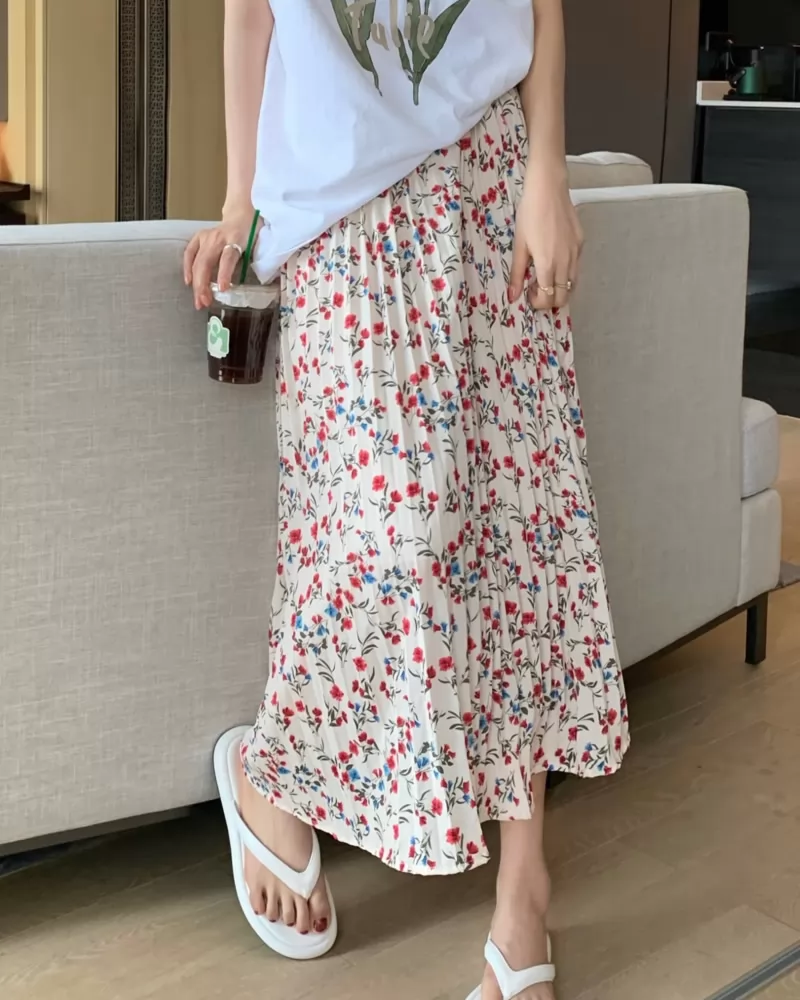 Summer Autumn Sweet Floral Printed Women High Waisted Elegant Mid Pleated Skirts QT1663