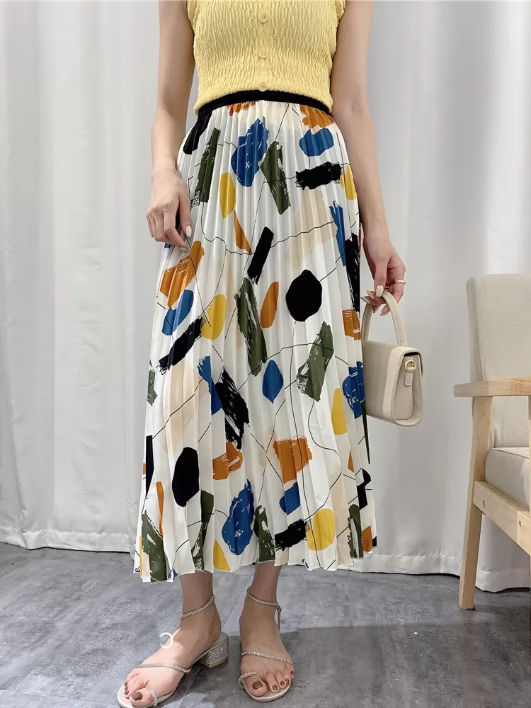 Summer Autumn Elegant Painting Printed Skirts Women Maxi Pleated Skirt QT1724