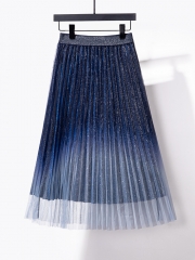 Summer Women Gradient Color Mesh Midi Length Rulex Pleated Skirt