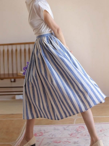 Women Simple Linen Striped Umbrella Skirt Elegant Mid Length Full Skirt