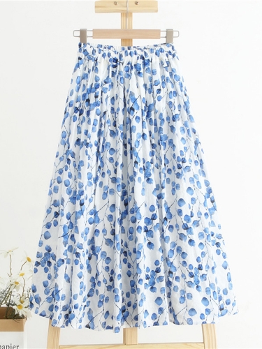 Summer Women Elastic Waisted Blue Midi Floral Printed Skirts