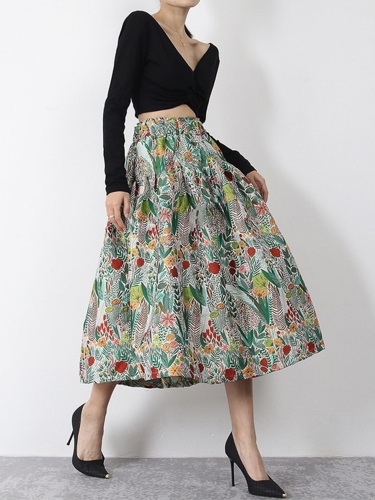 Autumn Elastic Waisted Jacquard Embroidery Flowers Mid Length A Line Full Skirt