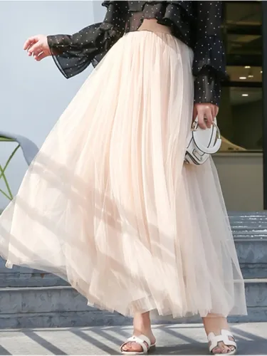 Elegant Summer Elastic Waisted 3 Layers Mesh Long Tulle Skirt