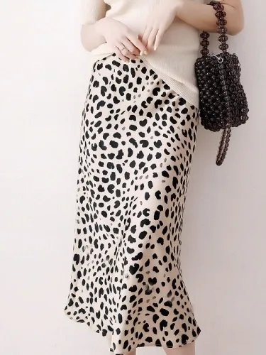 Women Summer Elegant Satin Leopard A-line Midi Skirt