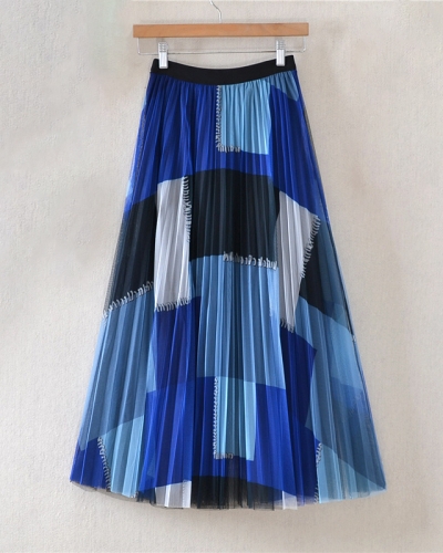 Qooth Stitching Color Patchwork Pleated Mesh Skirt Long A-line Gauze Skirts