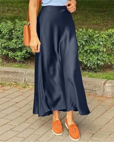 Qooth Women Summer Long High Waist Skirt Vintage Satin Silk Skirts