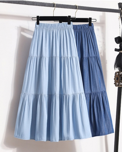 Qooth Women Patchwork Denim Color Elegant Elastic Waist A-line Skirt