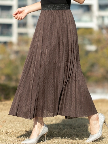 Summer Coffee Pleated Skirt Women Skirts High Street Style Mid-Calf Fashion Skirts With Lining QTS001