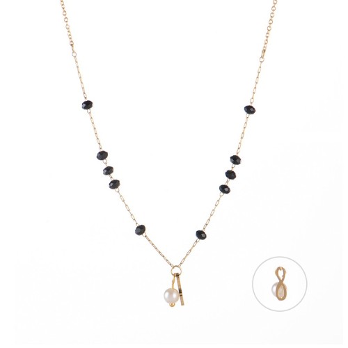 Black bead station chain with pearl and infinity necklace