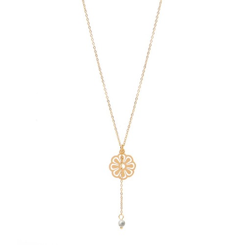 Flower charm with single pearl drop lariat necklace