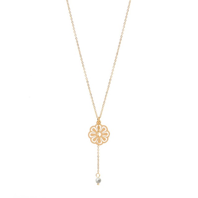 Flower charm with single pearl drop lariat necklace