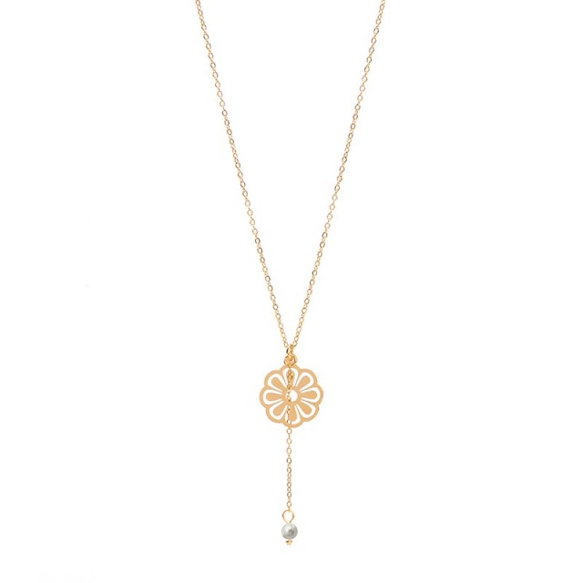 Flower charm with single pearl drop lariat necklace