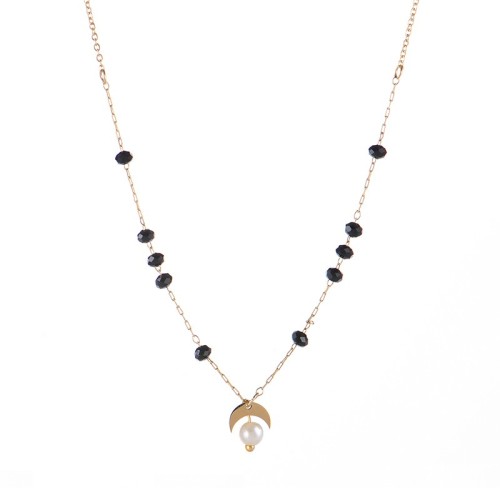 Black glass bead station chain with pearl and moon necklace