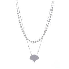 Art deco style fan shape pendant with grey beads chain layer necklace